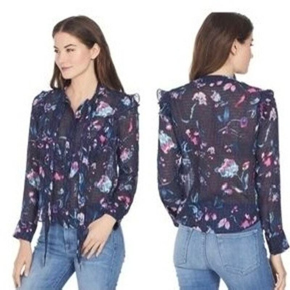 TANYA TAYLOR Blouse Women 0 Navy Floral Silk Cotton Ruffle Long Sleeve Tie Neck